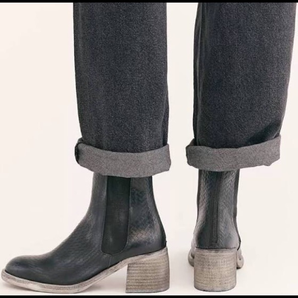 Free People Black Ankle Boots with Silver Heel